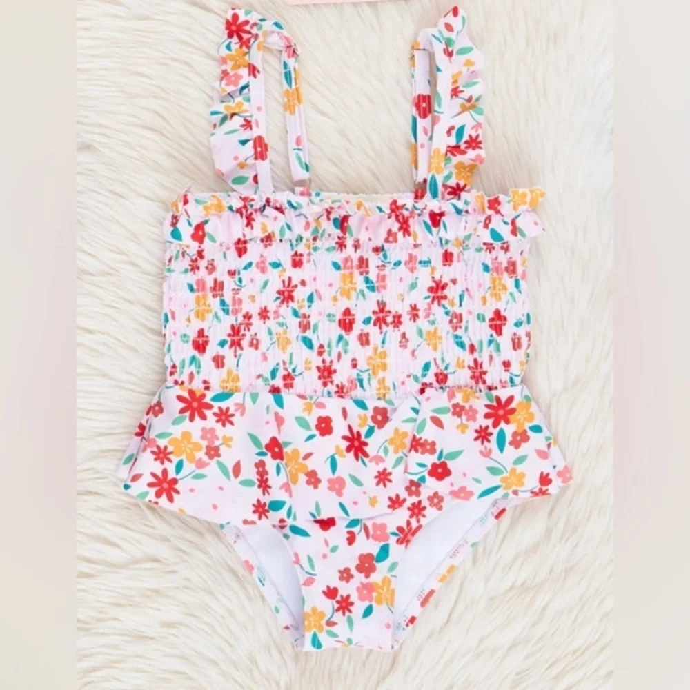 NEW…Girls’ Floral Smocked One-Piece Swimsuit